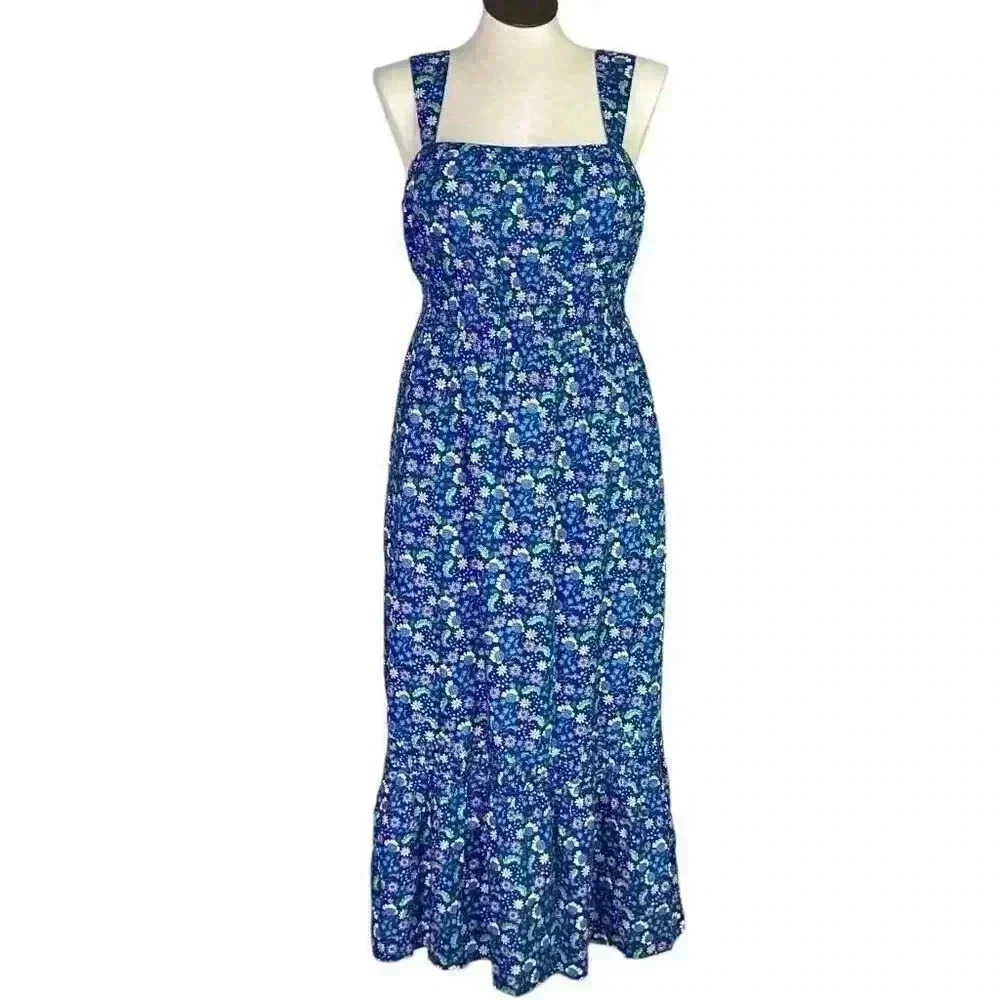 Loft Ann Taylor Dress Women L Blue Multi Floral Sundress Ruffle Sleeveless